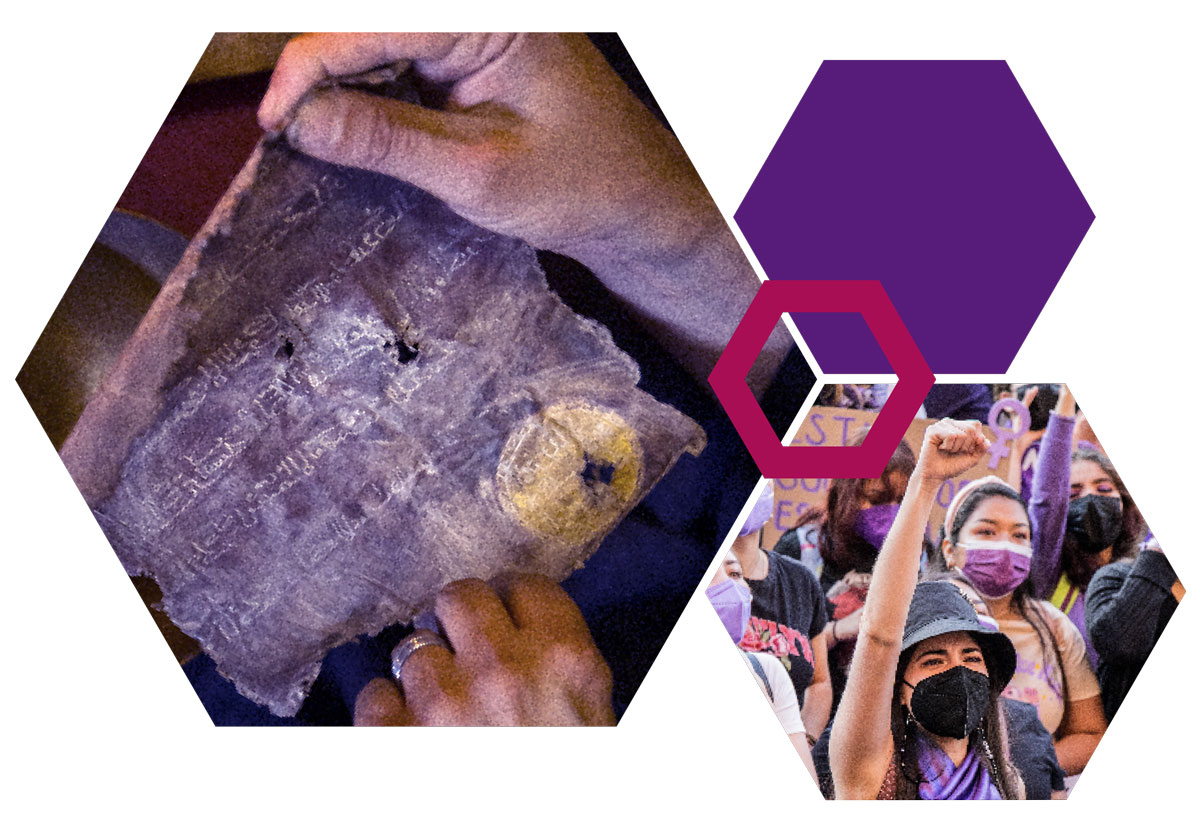 Hexagon collage featuring an ancient manuscript held by hands and a group of masked individuals at a protest.